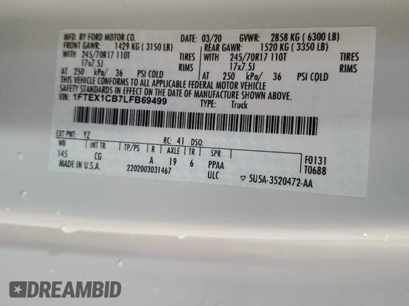 2020 Ford F-150 XL with VIN 1FTEX1CB7LFB69499, listed as a Copart auction lot 46539975 with 96,585 mi miles and Clean Title. Bid and sale history available at DreamBid. Image 12.