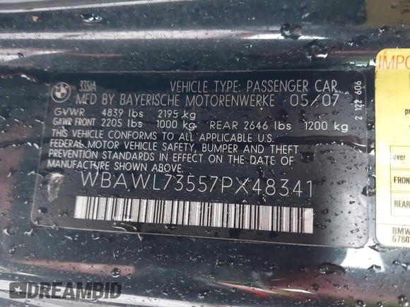 2007 BMW 3 Series 335i z VIN WBAWL73557PX48341, wystawiony jako IAAI lot #41964740 z przebiegiem Nie podano mil oraz . Historia ofert i sprzedaży dostępna na DreamBid. Obrazek 9.