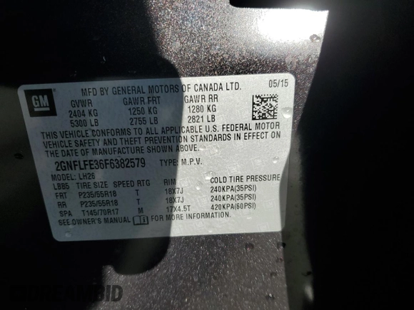 2015 Chevrolet Equinox LT with VIN 2GNFLFE36F6382579, listed as a Copart auction lot 49639405 with 49,502 mi miles and Salvage Title. Bid and sale history available at DreamBid. Image 13.
