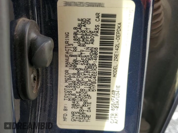 2013 Toyota Corolla L with VIN 5YFBU4EEXDP146068, listed as a Copart auction lot 51893705 with 277,535 mi miles and Salvage Title. Bid and sale history available at DreamBid. Image 14.
