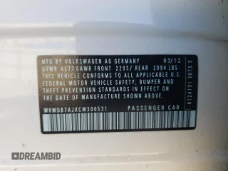 2012 Volkswagen Golf w/Conv & Sunroof с VIN WVWDB7AJXCW300531, выставлен на аукционе Copart как лот 54553835 с пробегом 85 378 миль миль и На запчасти • Non repairable. История ставок и продаж доступна на DreamBid. Изображение 12.