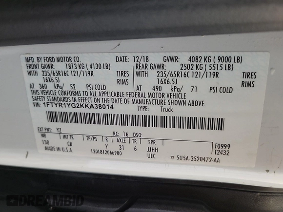 2019 Ford Transit with VIN 1FTYR1YG2KKA38014, listed as a IAAI auction lot 42715733 with 108,396 mi miles and . Bid and sale history available at DreamBid. Image 6.