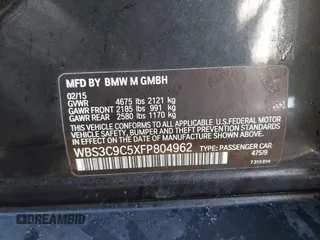 2015 BMW M3 with VIN WBS3C9C5XFP804962, listed as a IAAI auction lot 41862128 with 88,948 mi miles and . Bid and sale history available at DreamBid. Image 9.