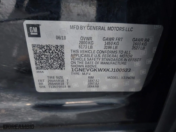 2019 Chevrolet Traverse LT Cloth with VIN 1GNEVGKWXKJ100533, listed as a IAAI auction lot 41592345 with 122,317 mi miles. Bid and sale history available at carsss.com. Image 9.