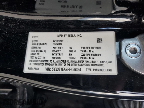 2023 Tesla Model 3 с VIN 5YJ3E1EA7PF466364, выставлен на аукционе Copart как лот 48491475 с пробегом 61 444 миль миль и Списание • Salvage title. История ставок и продаж доступна на DreamBid. Изображение 15.