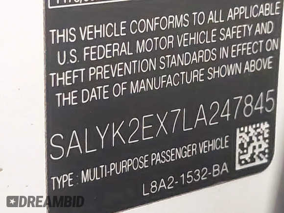 2020 Land Rover Range Rover Velar R-Dynamic S with VIN SALYK2EX7LA247845, listed as a IAAI auction lot 42417376 with 34,873 mi miles and . Bid and sale history available at DreamBid. Image 9.