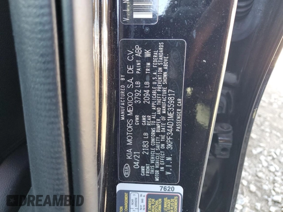 2021 Kia Forte GT-Line with VIN 3KPF34AD1ME359817, listed as a Copart auction lot 59162145 with 86,670 mi miles and Salvage title. Bid and sale history available at DreamBid. Image 12.