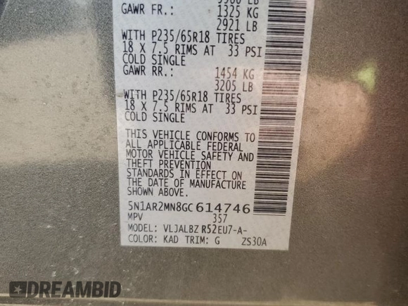 2016 Nissan Pathfinder Platinum z VIN 5N1AR2MN8GC614746, wystawiony jako Copart lot #56227895 z przebiegiem 135 306 mil mil oraz Szkoda całkowita • Salvage title. Historia ofert i sprzedaży dostępna na DreamBid. Obrazek 13.