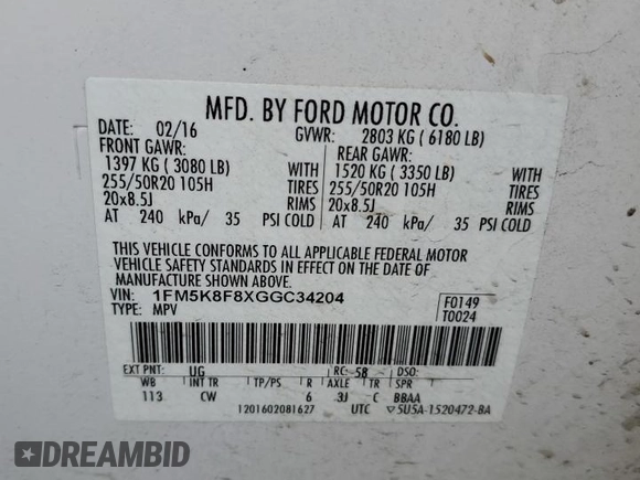 2016 Ford Explorer Limited with VIN 1FM5K8F8XGGC34204, listed as a Copart auction lot 51138245 with 120,971 mi miles and Salvage Title. Bid and sale history available at carsss.com. Image 13.