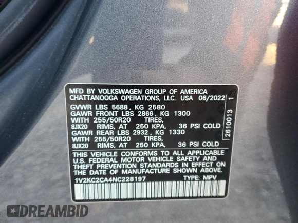 2022 Volkswagen Atlas SE with VIN 1V2KC2CA4NC228197, listed as a Copart auction lot 81079604 with 18,780 mi miles and Salvage title. Bid and sale history available at DreamBid. Image 12.