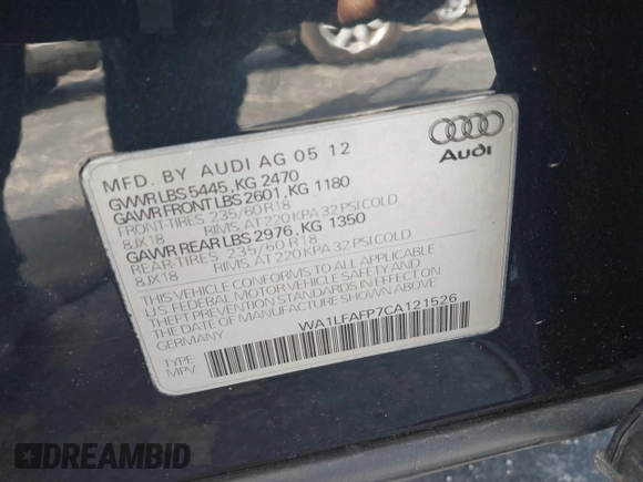 2012 Audi Q5 2.0T Premium Plus with VIN WA1LFAFP7CA121526, listed as a IAAI auction lot 41588598 with 99,831 mi miles. Bid and sale history available at carsss.com. Image 9.