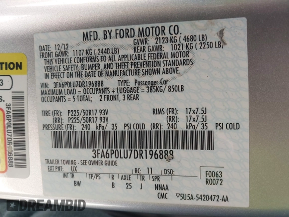 2013 Ford Fusion SE Hybrid with VIN 3FA6P0LU7DR196888, listed as a IAAI auction lot 42156366 with 393,358 mi miles. Bid and sale history available at carsss.com. Image 9.