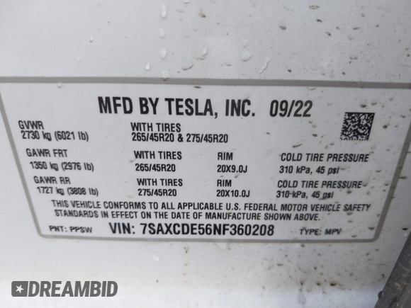 2022 Tesla Model X with VIN 7SAXCDE56NF360208, listed as a IAAI auction lot 41576953 with 9,759 mi miles. Bid and sale history available at carsss.com. Image 9.