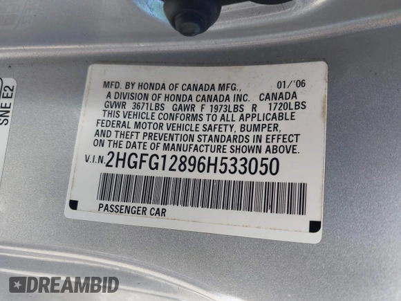 2006 Honda Civic EX with VIN 2HGFG12896H533050, listed as a IAAI auction lot 41877761 with 129,621 mi miles and . Bid and sale history available at DreamBid. Image 9.