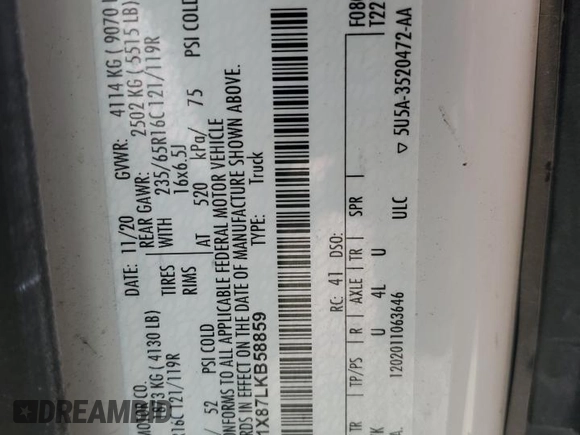 2020 Ford Transit Cargo with VIN 1FTBR1X87LKB58859, listed as a Copart auction lot 61063065 with 111,747 mi miles and Salvage title. Bid and sale history available at DreamBid. Image 13.