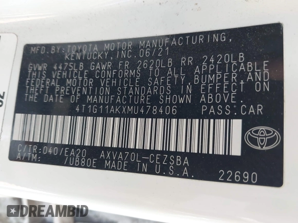 2021 Toyota Camry SE Nightshade with VIN 4T1G11AKXMU478406, listed as a IAAI auction lot 42106018 with 51,990 mi miles and . Bid and sale history available at DreamBid. Image 9.