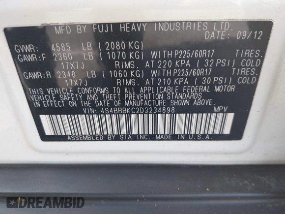 2013 Subaru Outback Limited с VIN 4S4BRBKC2D3234898, выставлен на аукционе IAAI как лот 42398113 с пробегом 204 946 миль миль и . История ставок и продаж доступна на DreamBid. Изображение 9.