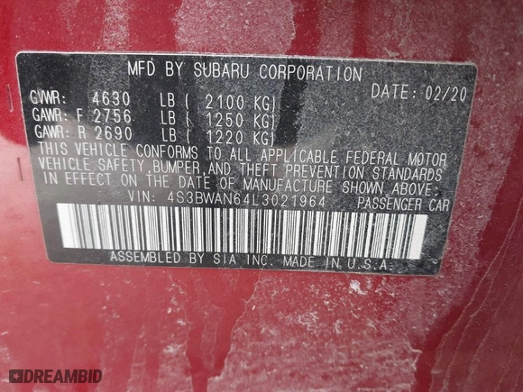 2020 Subaru Legacy Limited with VIN 4S3BWAN64L3021964, listed as a IAAI auction lot 41621694 with 99,312 mi miles. Bid and sale history available at carsss.com. Image 9.