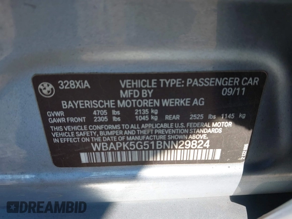 2011 BMW 3 Series 328i xDrive with VIN WBAPK5G51BNN29824, listed as a IAAI auction lot 40990352 with 171,133 mi miles and . Bid and sale history available at carsss.com. Image 9.