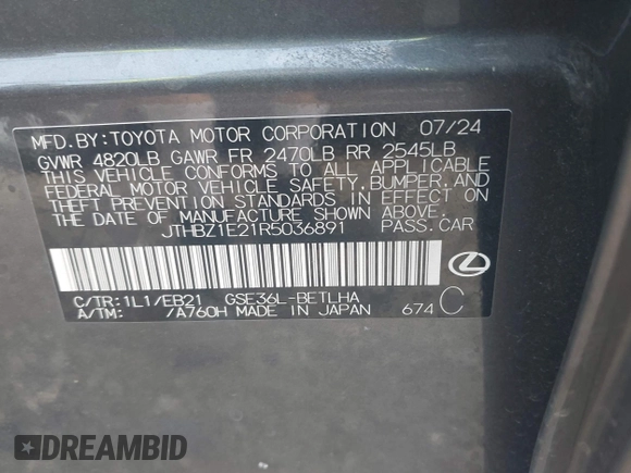 2024 Lexus IS 350 F Sport with VIN JTHBZ1E21R5036891, listed as a IAAI auction lot 42515614 with 6,904 mi miles and . Bid and sale history available at DreamBid. Image 9.