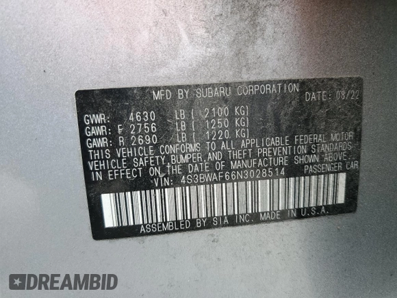 2022 Subaru Legacy Premium with VIN 4S3BWAF66N3028514, listed as a Copart auction lot 58926665 with 47,419 mi miles and Non repairable. Bid and sale history available at DreamBid. Image 12.