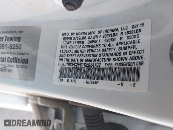 2019 Honda Civic Sport with VIN 19XFC2F81KE024702, listed as a IAAI auction lot 42018077 with 98,613 mi miles and . Bid and sale history available at DreamBid. Image 9.