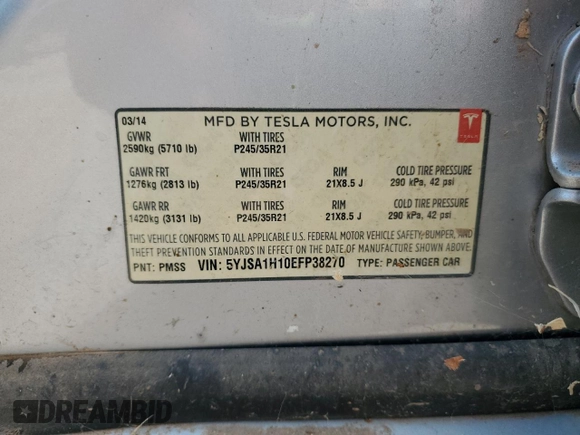 2014 Tesla Model S 60 with VIN 5YJSA1H10EFP38270, listed as a Copart auction lot 53893605 with 170,814 mi miles and Clean Title. Bid and sale history available at DreamBid. Image 12.