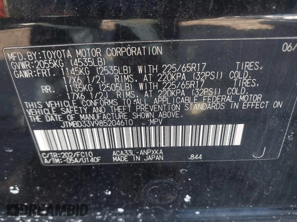 2008 Toyota RAV4 with VIN JTMBD33V985204610, listed as a IAAI auction lot 41637157 with 243,282 mi miles. Bid and sale history available at carsss.com. Image 9.