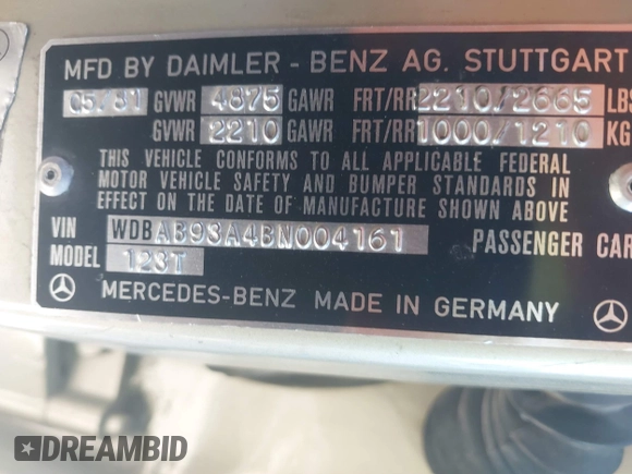 1981 Mercedes-Benz 300 with VIN WDBAB93A4BN004161, listed as a IAAI auction lot 41290568 with 18,887 mi miles and . Bid and sale history available at DreamBid. Image 9.