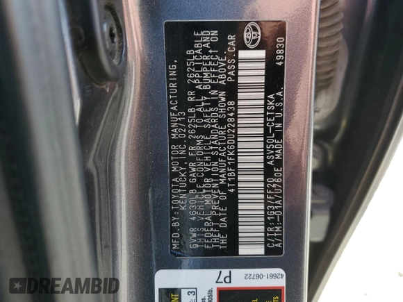 2013 Toyota Camry L with VIN 4T1BF1FK6DU228438, listed as a Copart auction lot 52298005 with 252,800 mi miles and Clean Title. Bid and sale history available at DreamBid. Image 14.