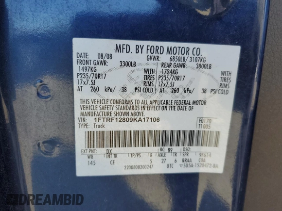 2009 Ford F-150 XL with VIN 1FTRF12809KA17106, listed as a Copart auction lot 50728765 with 133,491 mi miles and Salvage title. Bid and sale history available at DreamBid. Image 14.
