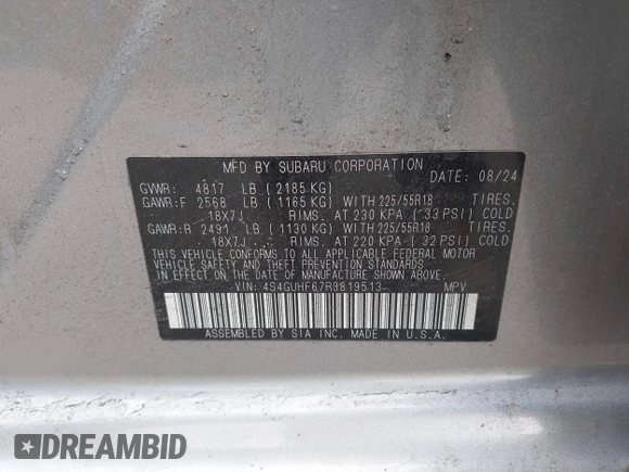 2024 Subaru Crosstrek Special Sports с VIN 4S4GUHF67R3819513, выставлен на аукционе IAAI как лот 42386252 с пробегом 6 958 миль миль и . История ставок и продаж доступна на DreamBid. Изображение 9.