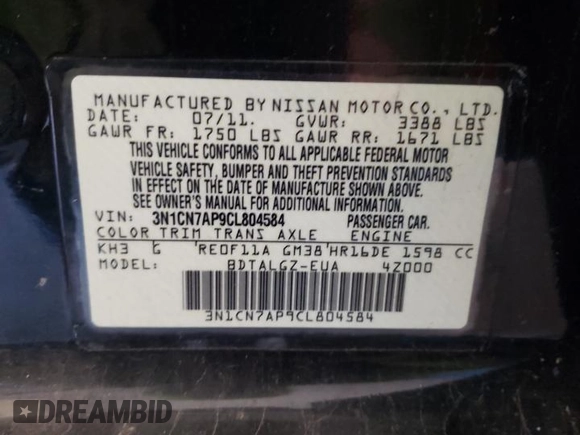 2012 Nissan Versa SL with VIN 3N1CN7AP9CL804584, listed as a Copart auction lot 49459735 with 90,093 mi miles and Clean title. Bid and sale history available at DreamBid. Image 12.