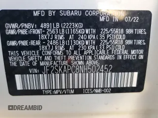 2022 Subaru Forester Limited с VIN JF2SKAPC8NH502452, выставлен на аукционе Copart как лот 54013705 с пробегом Не указан миль и Списание • Salvage title. История ставок и продаж доступна на DreamBid. Изображение 14.