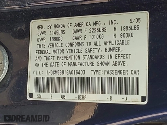 2006 Honda Accord EX-L с VIN 1HGCM56816A016403, выставлен на аукционе IAAI как лот 42380667 с пробегом 243 674 миль миль и . История ставок и продаж доступна на DreamBid. Изображение 9.