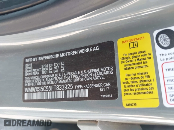 2015 MINI Hardtop 4 Door with VIN WMWXS5C55FT833925, listed as a IAAI auction lot 42505034 with 89,521 mi miles and . Bid and sale history available at DreamBid. Image 9.