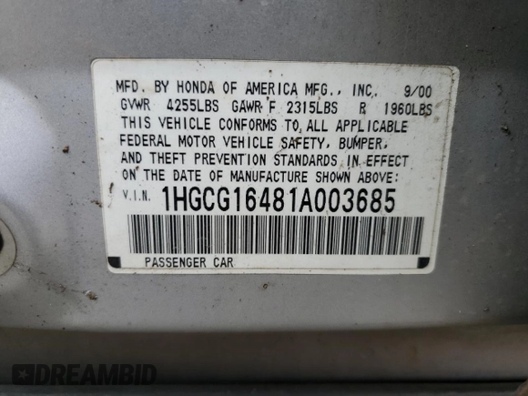 2001 Honda Accord LX z VIN 1HGCG16481A003685, wystawiony jako Copart lot #80932074 z przebiegiem Nie podano mil oraz Szkoda całkowita • Salvage title. Historia ofert i sprzedaży dostępna na DreamBid. Obrazek 12.