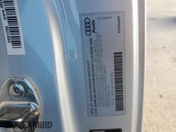 2006 Audi TT with VIN TRUSC28NX61006960, listed as a Copart auction lot 86662854 with 116,241 mi miles and Salvage Title. Bid and sale history available at carsss.com. Image 14.
