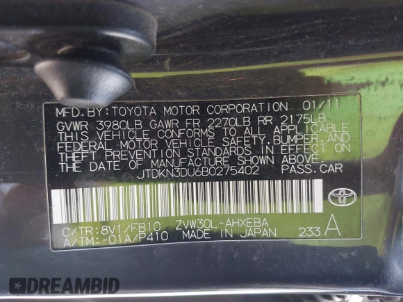 2011 Toyota Prius I with VIN JTDKN3DU6B0275402, listed as a IAAI auction lot 42150534 with 217,942 mi miles and . Bid and sale history available at DreamBid. Image 9.