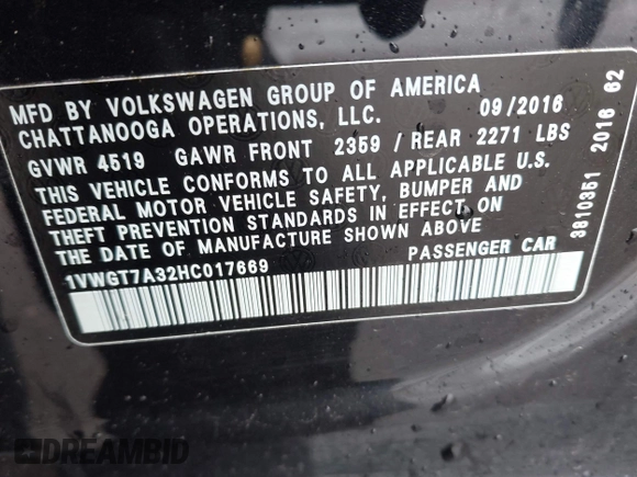 2017 Volkswagen Passat SE z VIN 1VWGT7A32HC017669, wystawiony jako IAAI lot #41938824 z przebiegiem 122 323 mil mil oraz . Historia ofert i sprzedaży dostępna na DreamBid. Obrazek 9.