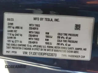 2023 Tesla Model 3 Long Range with VIN 5YJ3E1EB3PF633070, listed as a Copart auction lot 48942545 with 38,332 mi miles and Salvage Title. Bid and sale history available at DreamBid. Image 15.