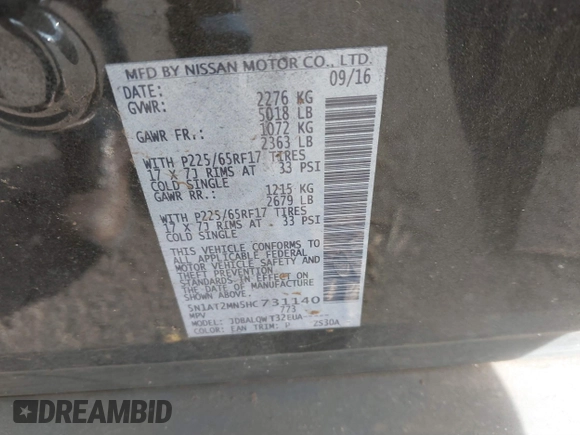 2017 Nissan Rogue S with VIN 5N1AT2MN5HC731140, listed as a IAAI auction lot 41454809 with 72,522 mi miles and . Bid and sale history available at DreamBid. Image 9.