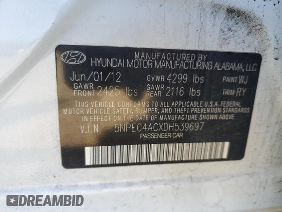 2013 Hyundai Sonata Limited with VIN 5NPEC4ACXDH539697, listed as a Copart auction lot 53677975 with 101,659 mi miles and Salvage Title. Bid and sale history available at carsss.com. Image 12.