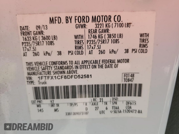 2013 Ford F-150 XL z VIN 1FTFX1CF8DFD52581, wystawiony jako Copart lot #59056415 z przebiegiem 240 688 mil mil oraz Szkoda całkowita • Salvage title. Historia ofert i sprzedaży dostępna na DreamBid. Obrazek 12.