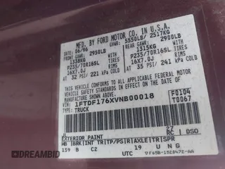 1997 Ford F-150 with VIN 1FTDF176XVNB00018, listed as a IAAI auction lot 42467851 with 217,082 mi miles and . Bid and sale history available at DreamBid. Image 9.