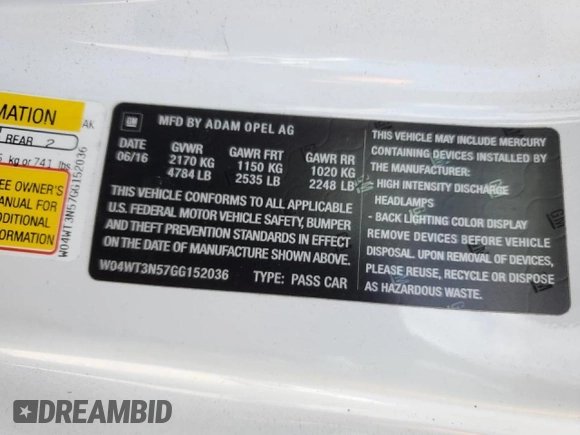 2016 Buick Cascada Premium с VIN W04WT3N57GG152036, выставлен на аукционе Copart как лот 67237824 с пробегом 70 623 миль миль и Списание • Salvage title. История ставок и продаж доступна на DreamBid. Изображение 13.
