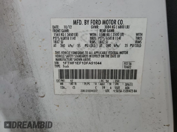 2013 Ford F-150 XL with VIN 1FTMF1EF1DFA51044, listed as a Copart auction lot 79561474 with 191,122 mi miles and Salvage Title. Bid and sale history available at DreamBid. Image 13.
