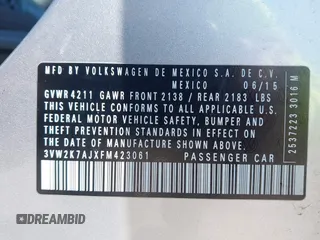 2015 Volkswagen Jetta Sedan 2.0L S with VIN 3VW2K7AJXFM423061, listed as a IAAI auction lot 42083522 with 161,028 mi miles. Bid and sale history available at carsss.com. Image 9.
