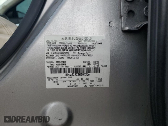 2009 Lincoln MKS with VIN 1LNHM93RX9G604306, listed as a Copart auction lot 57059605 with 177,871 mi miles and Salvage title. Bid and sale history available at DreamBid. Image 12.