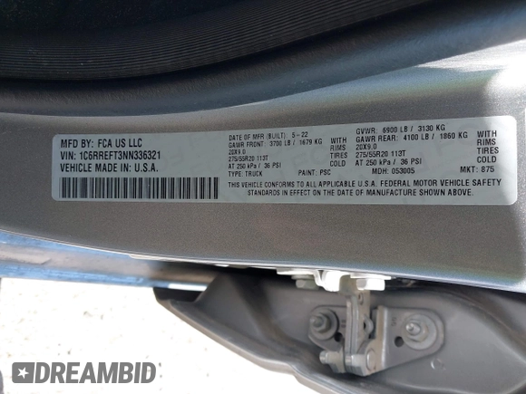 2022 Ram 1500 Lone Star with VIN 1C6RREFT3NN336321, listed as a IAAI auction lot 42190485 with 106,221 mi miles and . Bid and sale history available at DreamBid. Image 9.